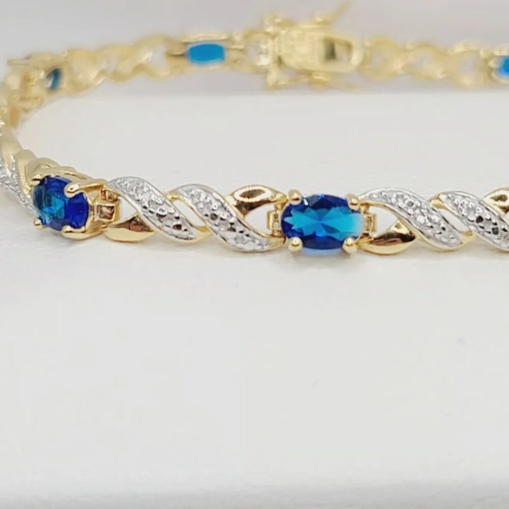 18KT Yellow Gold Sterling Silver Blue & White Cubic Zirconi Bracelet $225 8" NWB